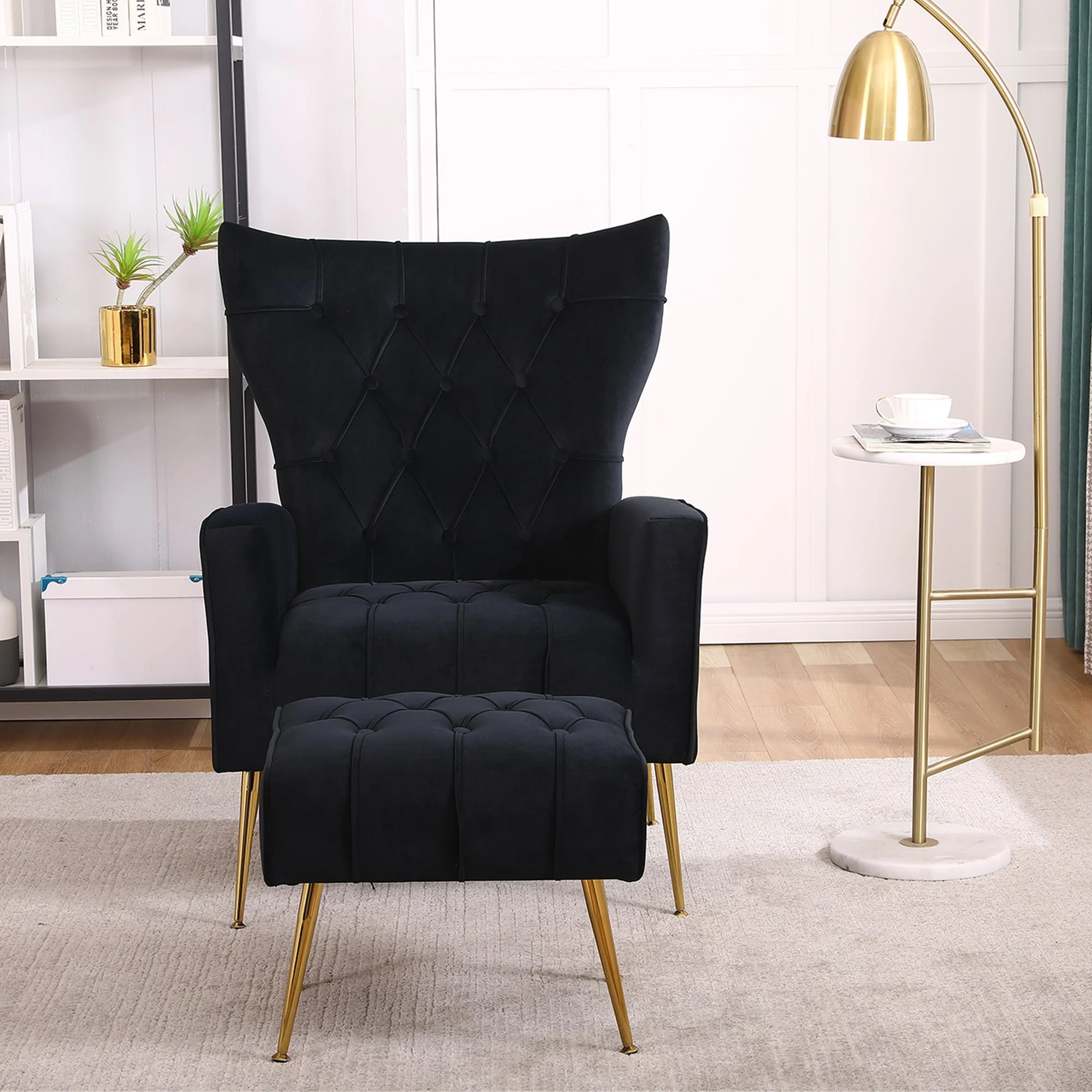 Upholstered Wingback Chair with Ottoman