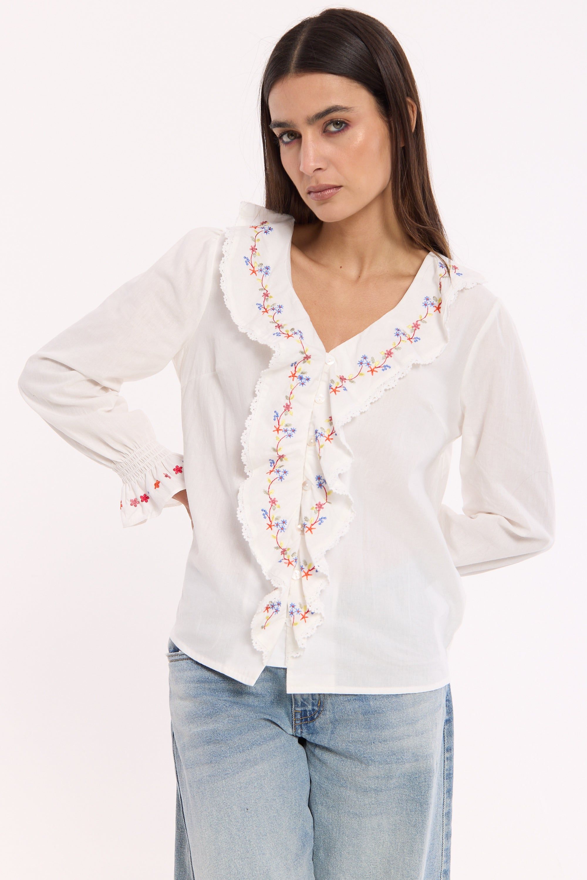 House of Holland Embroidered Floral Frill Cotton Shirt