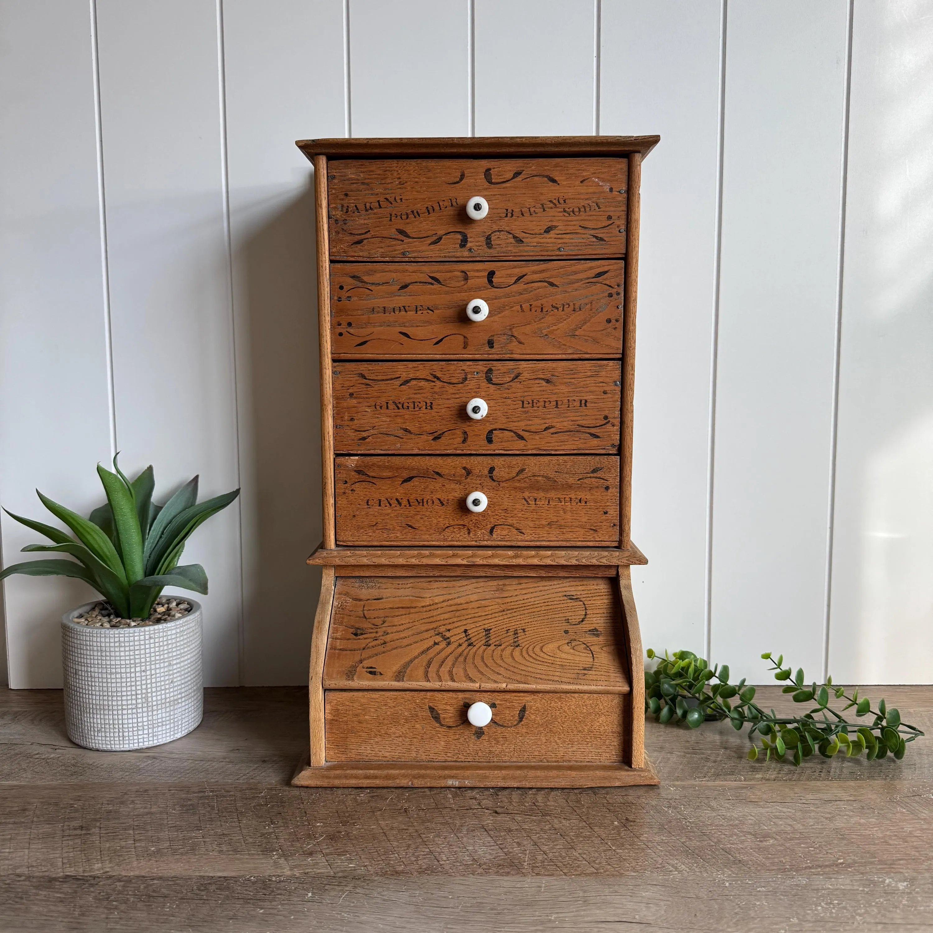 Antique Wooden Spice Cabinet | Primitive Apothecary Drawers | Porcelain Knobs | Stenciled Farmhouse Kitchen Storage Box