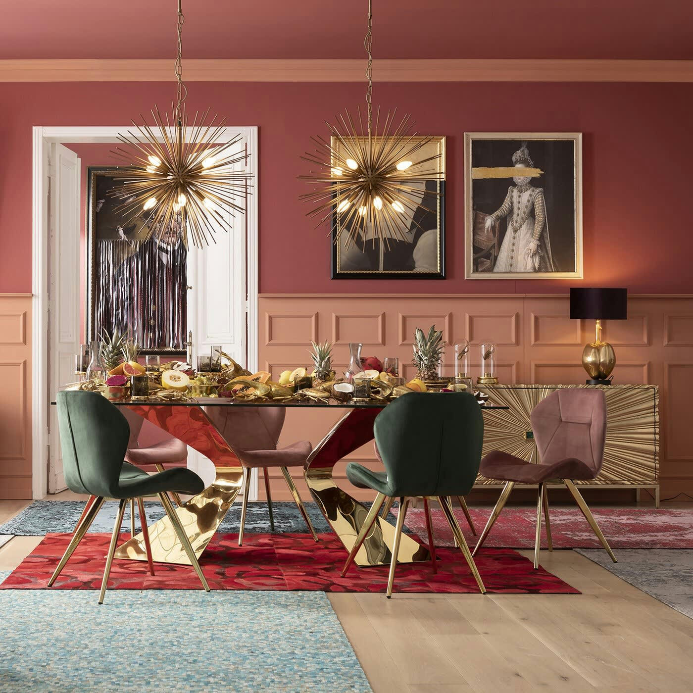 GLORIA - Table à manger 8 personnes en verre et acier doré L200