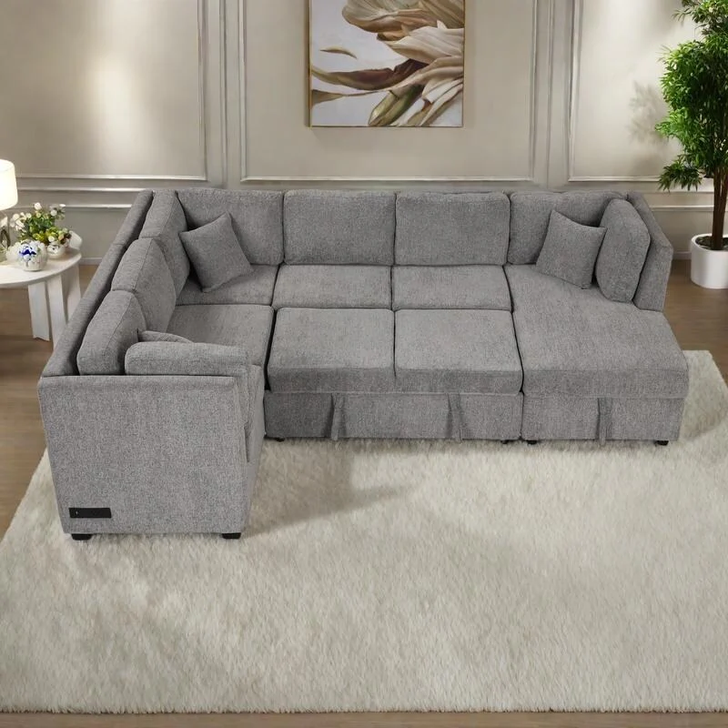108.6 Chenille U-Shaped Sectional Sofa Bed with USB Ports, Storage Chaise, and 3 Back Pillows