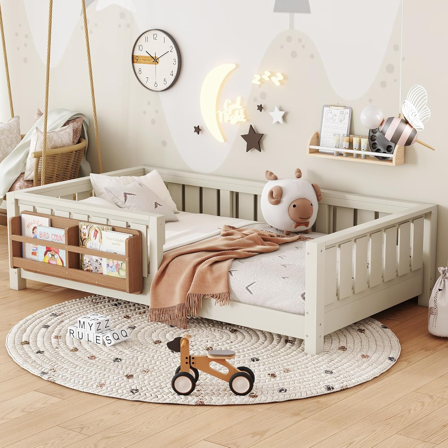 Bellemave Twin Size Kids Montessori Floor Bed Frame with Bookshelf and Guardrail,Solid Wood Floor Bed Frame with Slats for Girls Boys,Low-Profile,Beige
