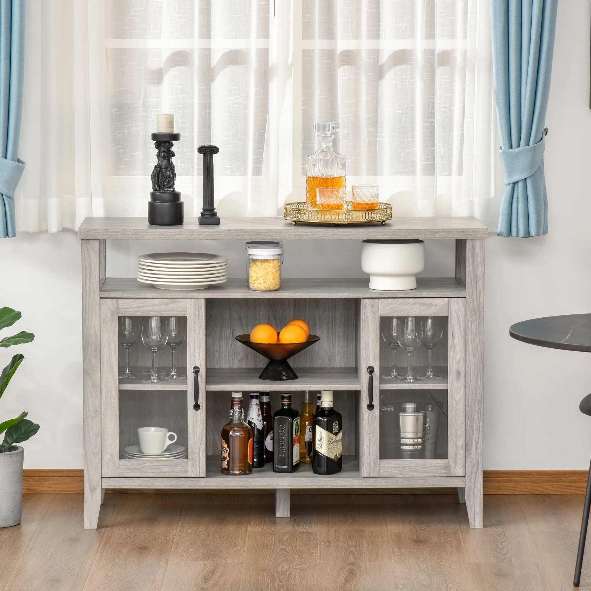 HOMCOM Farmhouse Sideboard Buffet Cabinet, Coffee Bar Cabinet with Storage Shelves, Kitchen Cabinet with 2 Framed Glass Doors