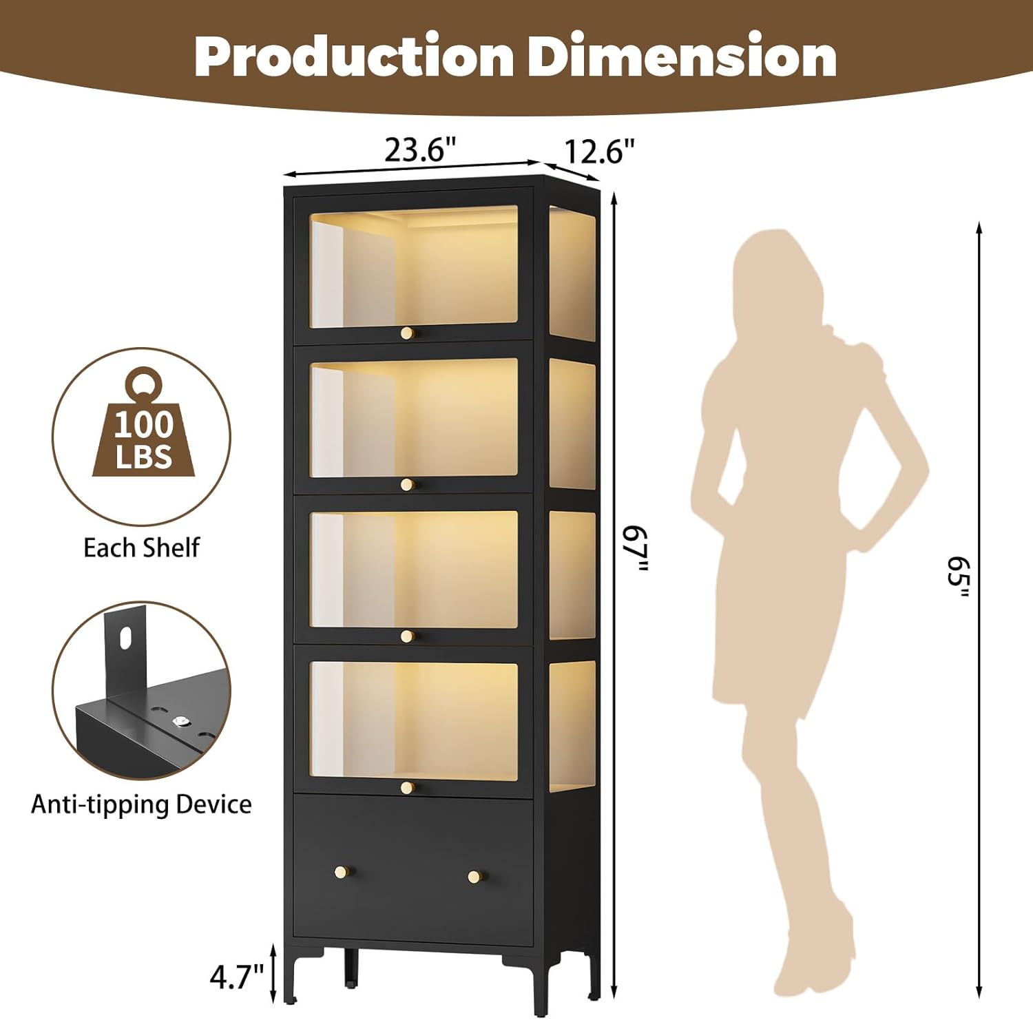 Display Cabinet with Glass Doors, 67 Metal Curio Cabinet with Drawer & 13-Color RGB LED Lights, 5-Tier Glass Display Case for Collectibles, Figure, Toys, Books, Black