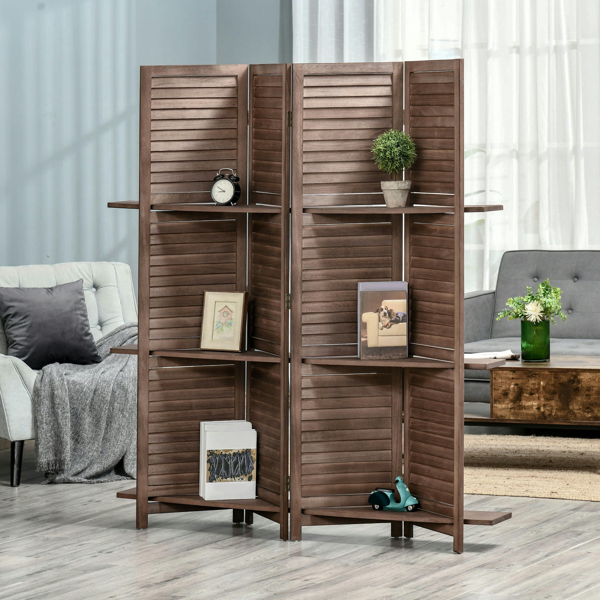 - Paravent intérieur 4 panneaux portes persiennes 3 étagères pliables