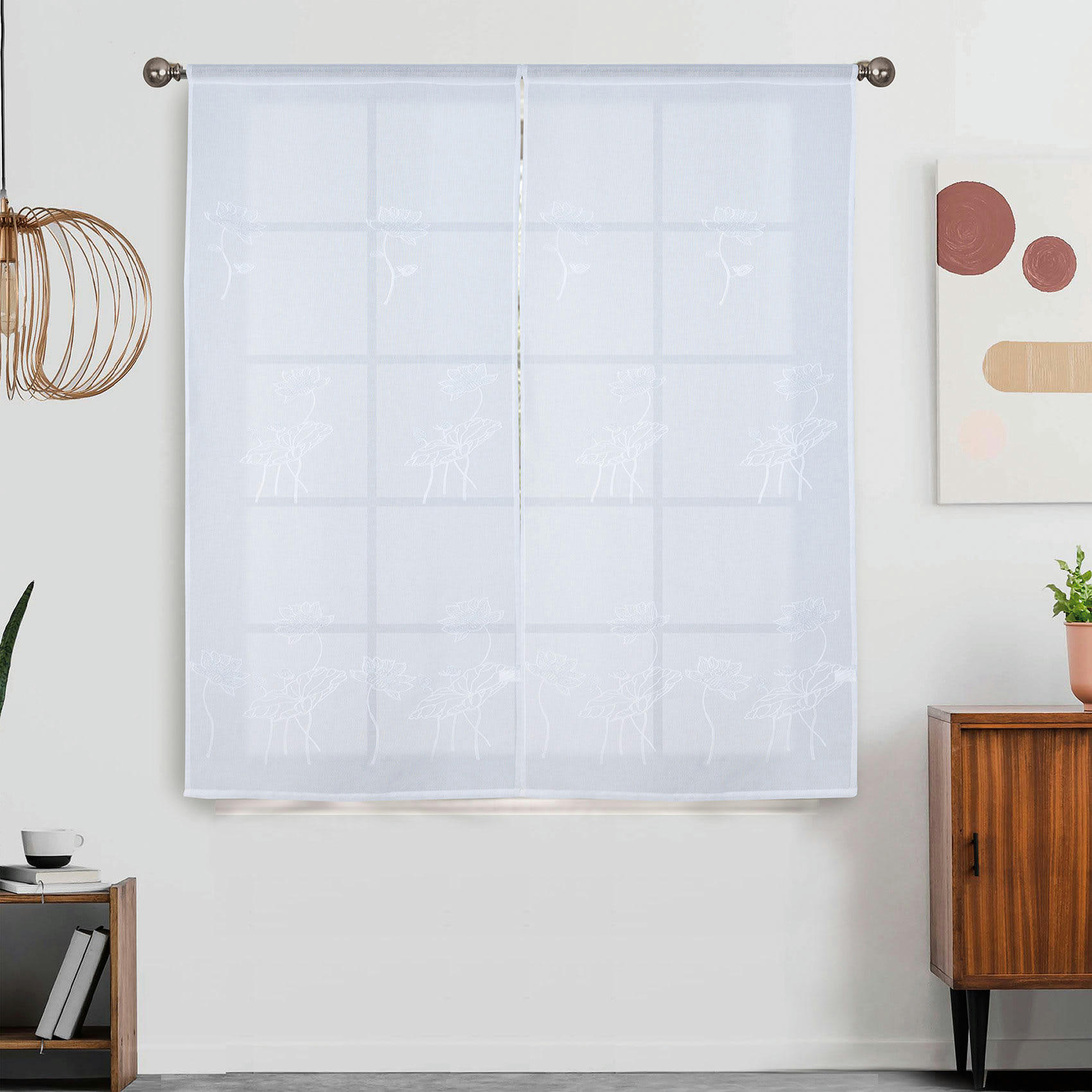 - Paire de vitrages brodée à fleurs polyester blanc 60x120 cm
