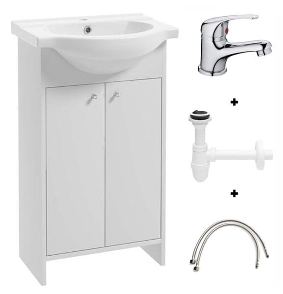 Zestaw łazienkowy z umywalką 50 cm, szafka biała, bateria i syfon