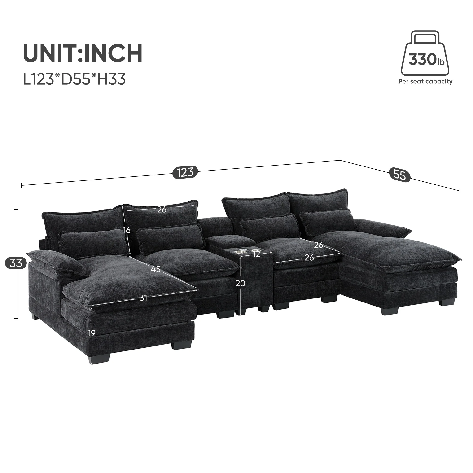123 6 Seat Modern U-shaped Sectional Sofa with Console,Cup Holders and USB Charger