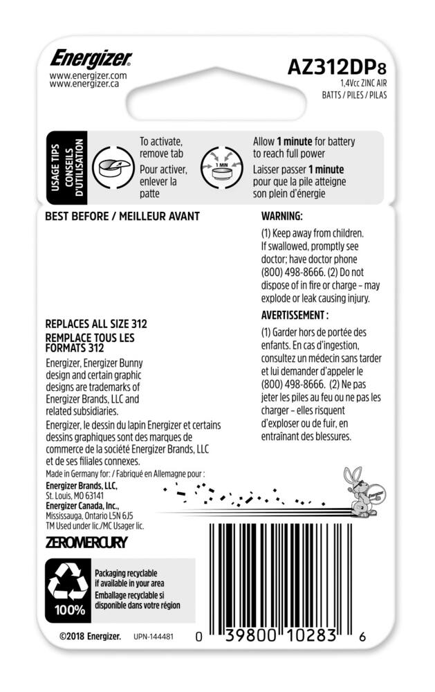 Energizer 8-pk Size 312 1.4V / 1.4 Volt Zinc Hearing Aid Batteries, EZ Turn Lock, Long Lasting