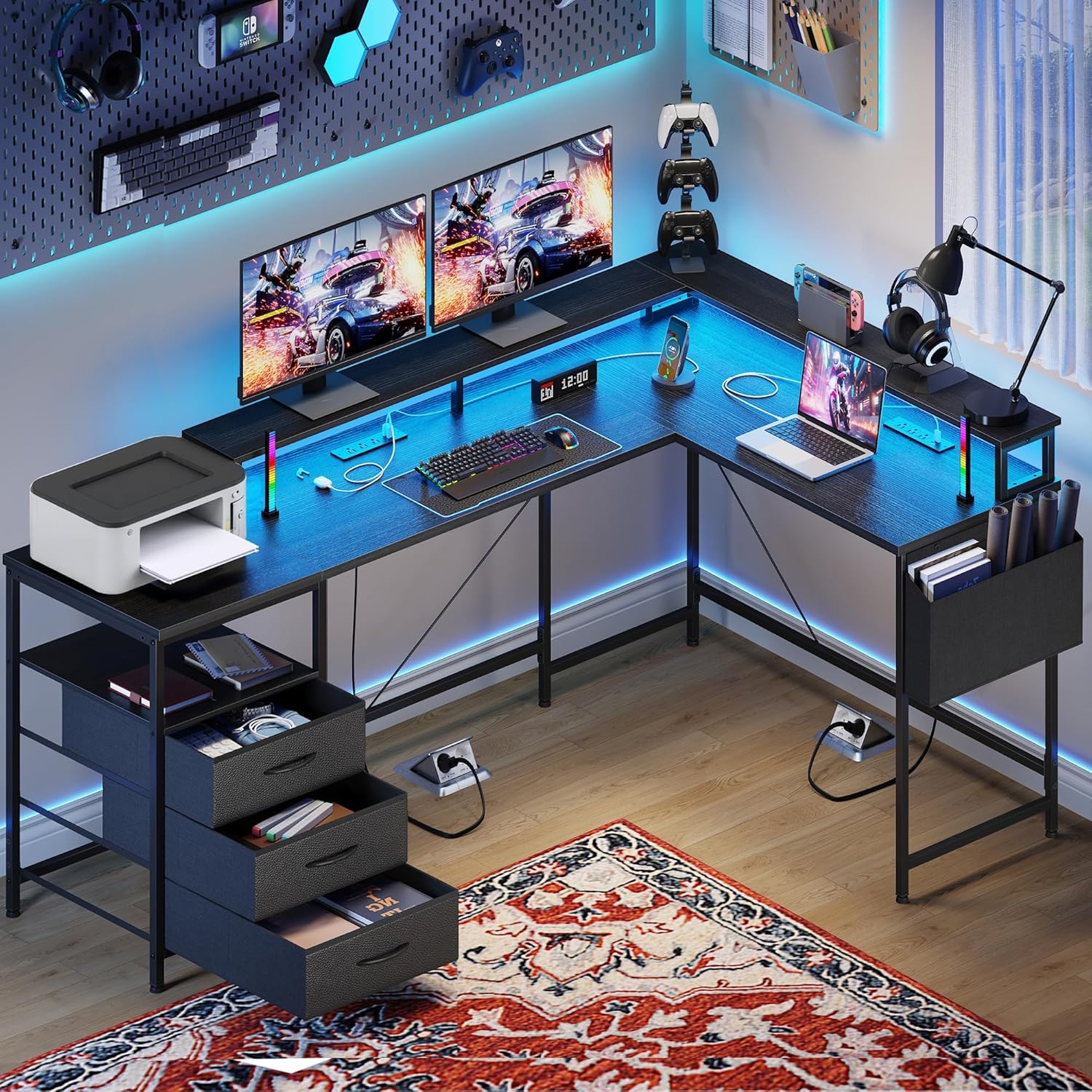 3 Drawers L Shaped Desk 63 Inch, 2 Power Strips (6 AC) and LED, Large Gaming Desk  2 Monitor Stands, L Shape Computer Desk, Stable and Sturdy Home Office Desk, Fabric Drawers, Black(Black/63����)