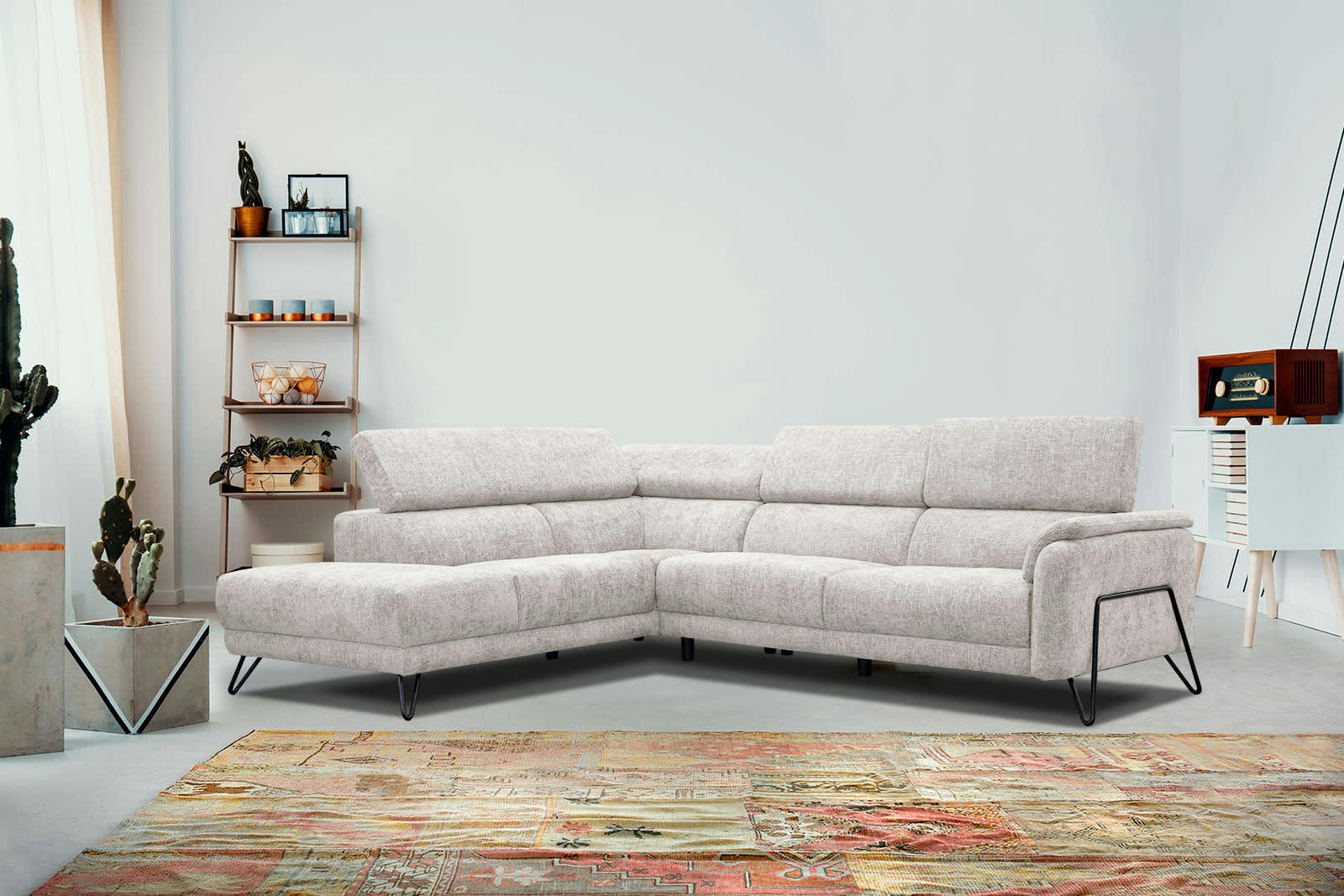 RODEN - Canapé d'angle gauche 5 places tissu écru