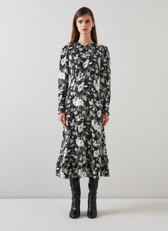 Winona Black & Cream Mono Meadow Print Jacquard Dress