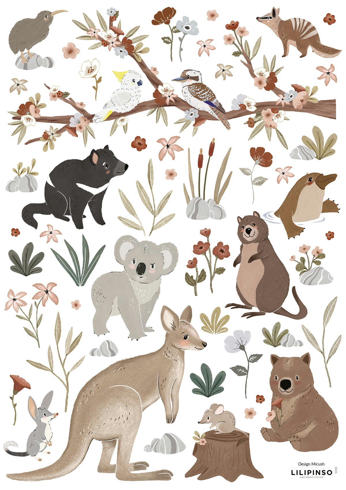 LILYDALE - Stickers muraux animaux d'australie en vinyle mat multicolore