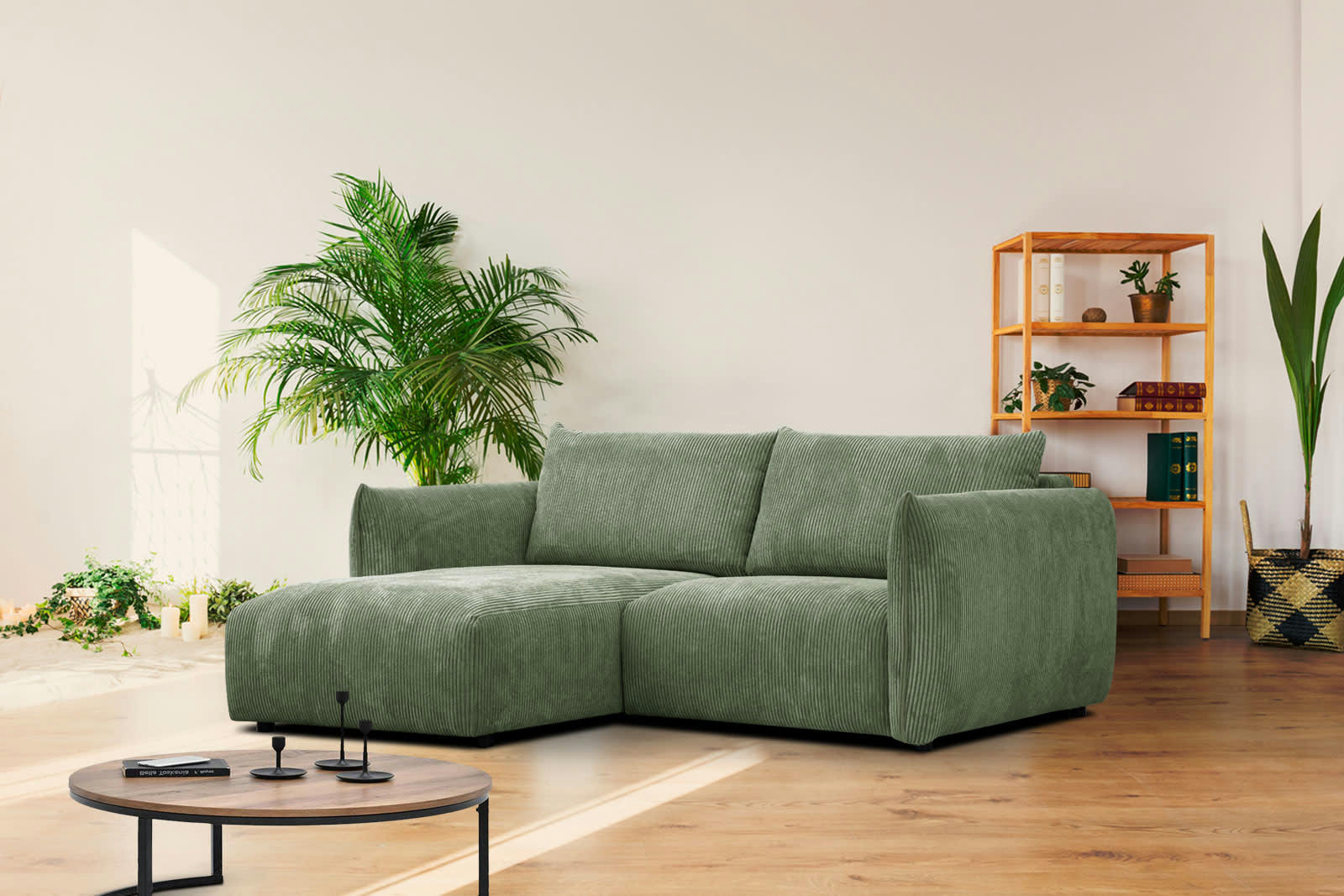 TAUER - Canapé d'angle gauche 3 places tissu vert