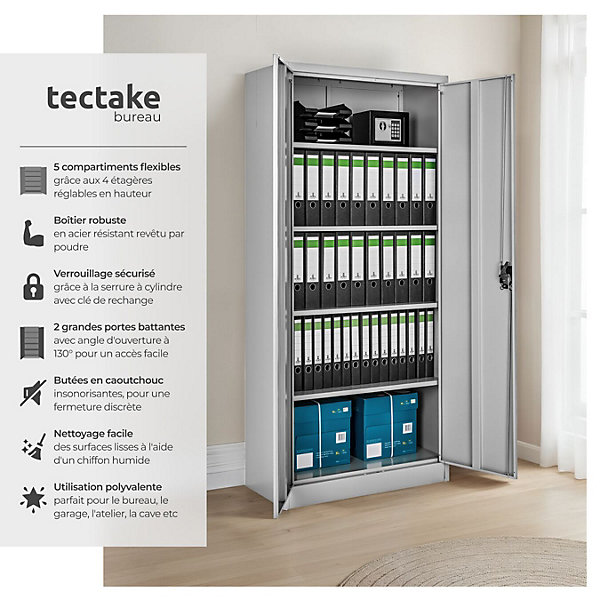 Armoire de bureau en acier 4 étagères réglables en hauteur gris