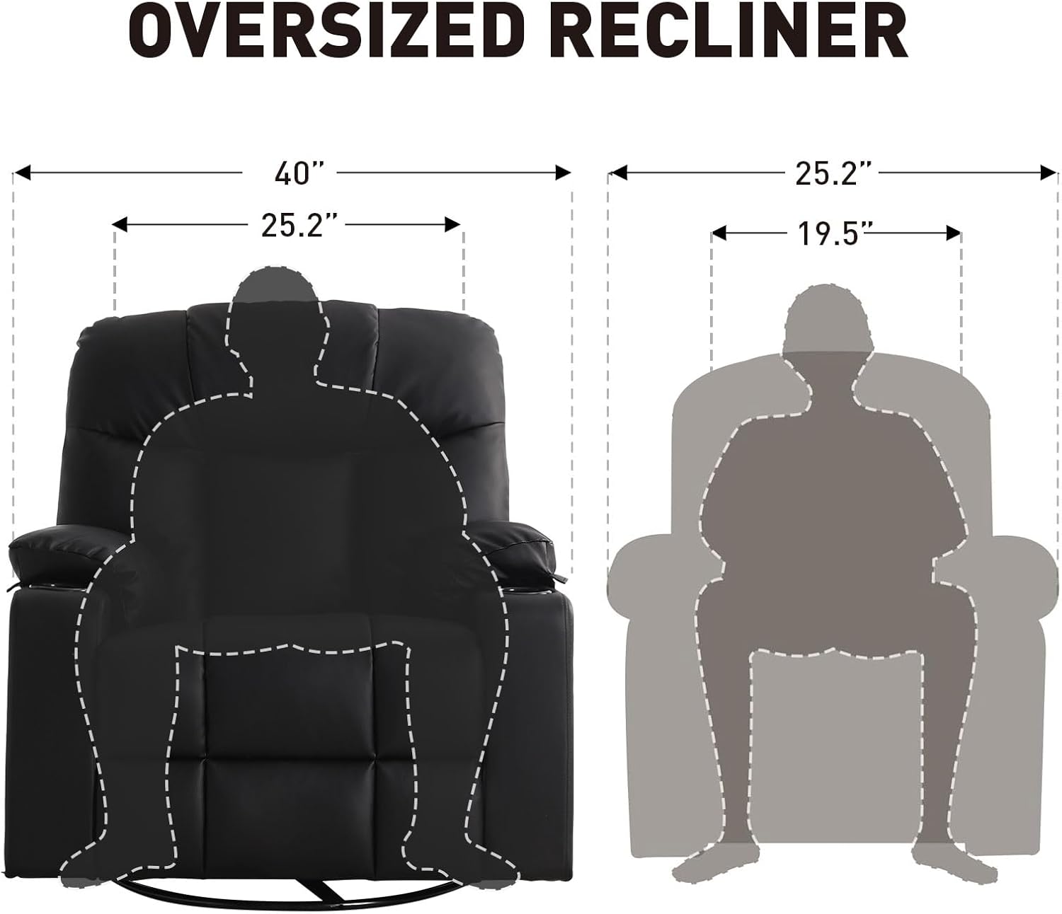 Bonzy Home Oversized Swivel Rocker Recliner, 40 Rocking Recliner Chair with Heated and Massage, PU Leather Single Sofa with Swivel Function, 2 Cup Holders for Living Room Bedroom, Black