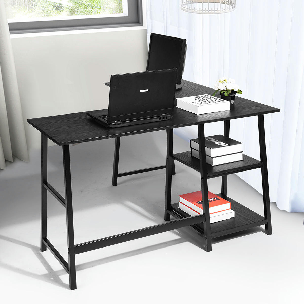 - Bureau d'angle en forme L industriel bois noir avec étagères