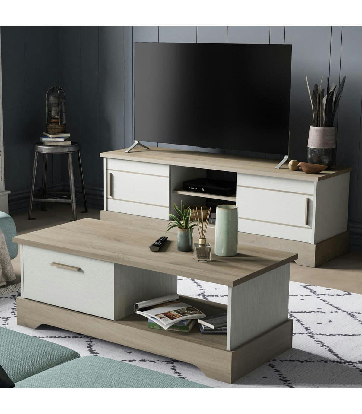 COTTAGE - Meuble TV 2 Portes Coulissantes L150 cm - Décor Blanc et Bois