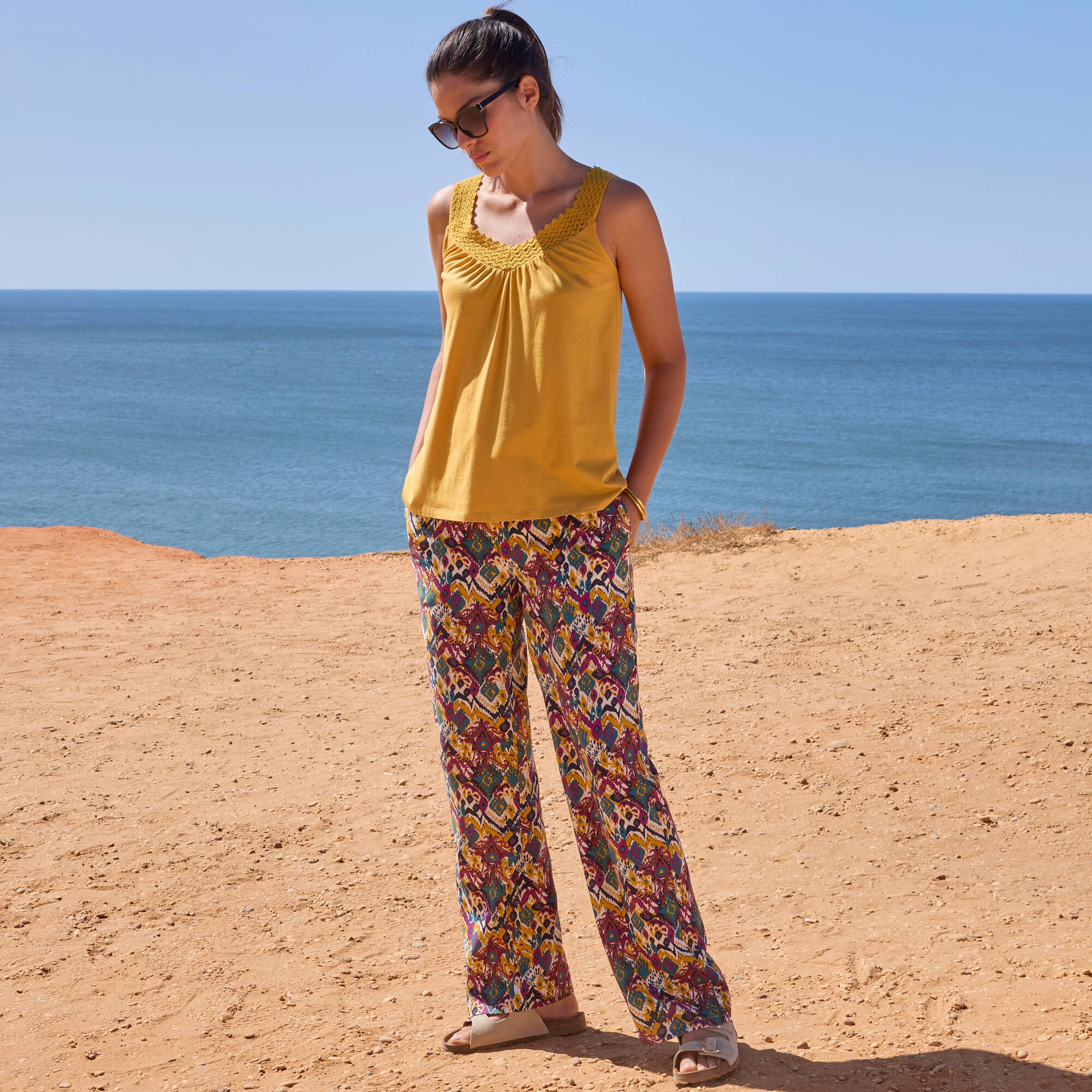 Pantalon large imprimé, taille élastiquée
