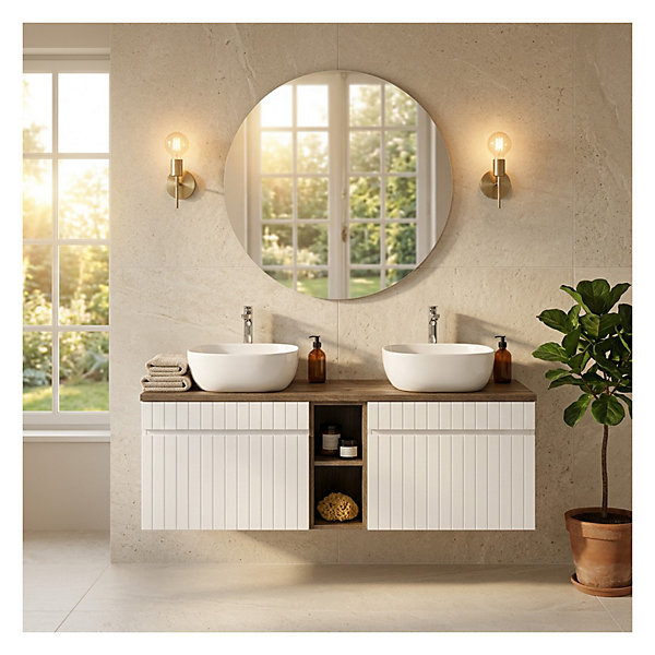 Ensemble ICON blanc : meubles sous vasque 180cm avec niches visibles et plan pour vasque aspect bois foncé