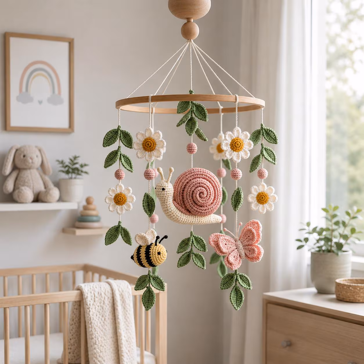 Garden Nursery Mobile, Crochet Bee Butterfly Crib Decor, Spring Meadow Baby Shower Gift, Snail Bird Ladybug Baby Mobile for Nursery Decor