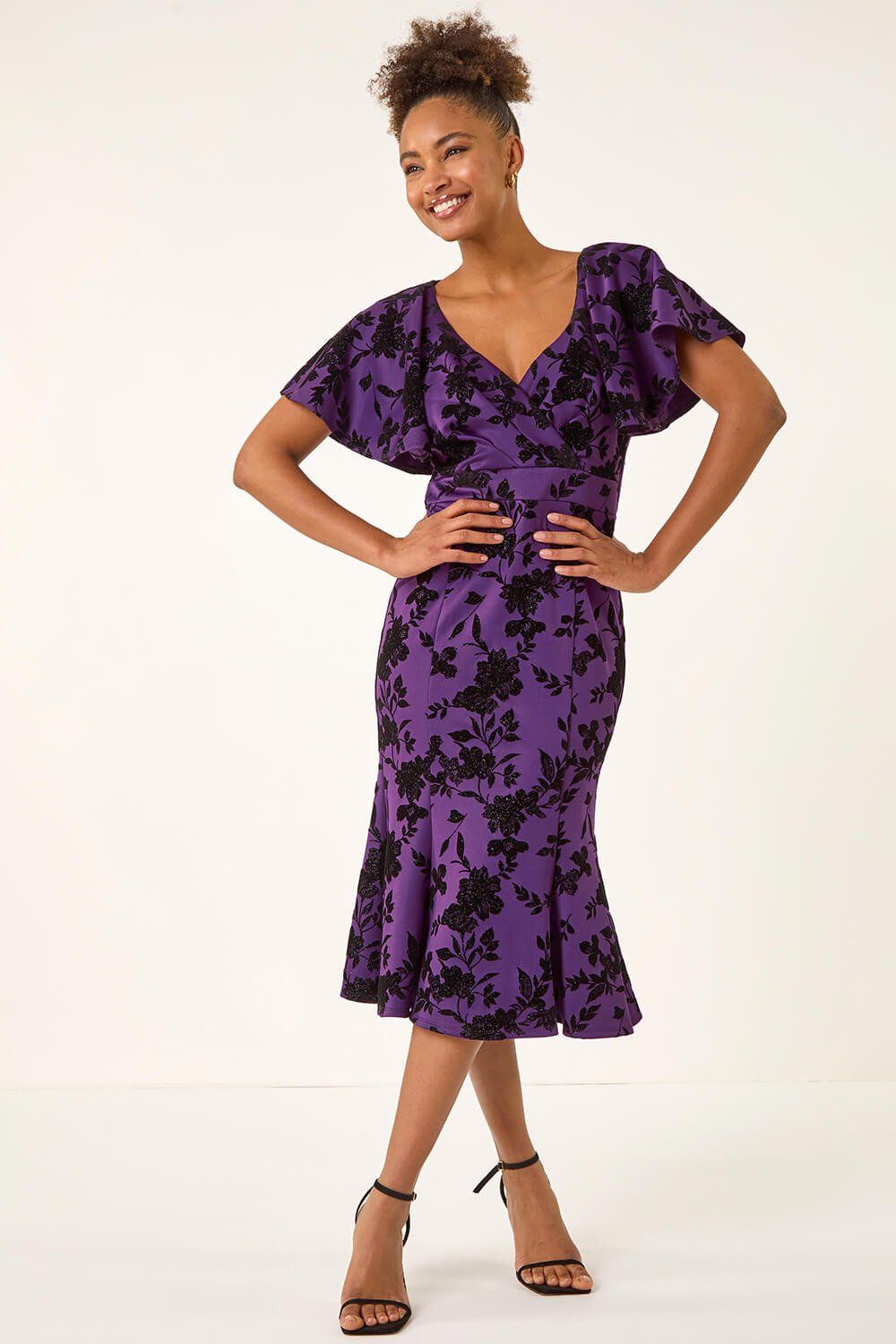 Roman Glitter Floral Flocked Flutter Dress