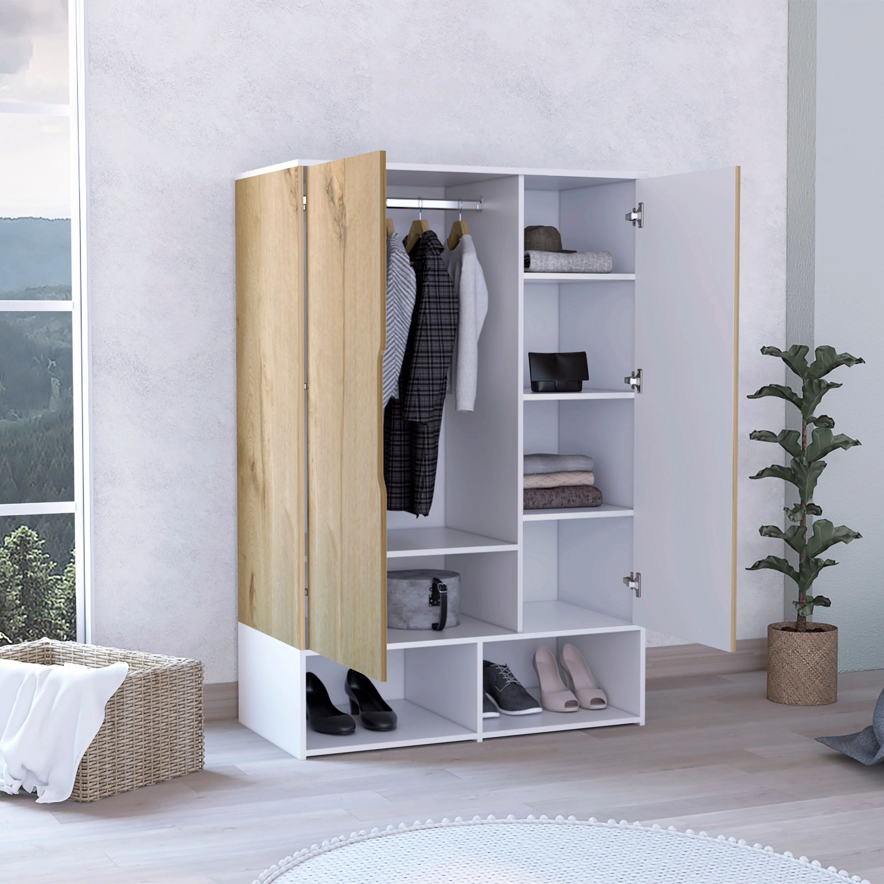 39.4 Modern Double-door Armoire with Hanging Rod, Two Open Shelves and Five Interior Shelves