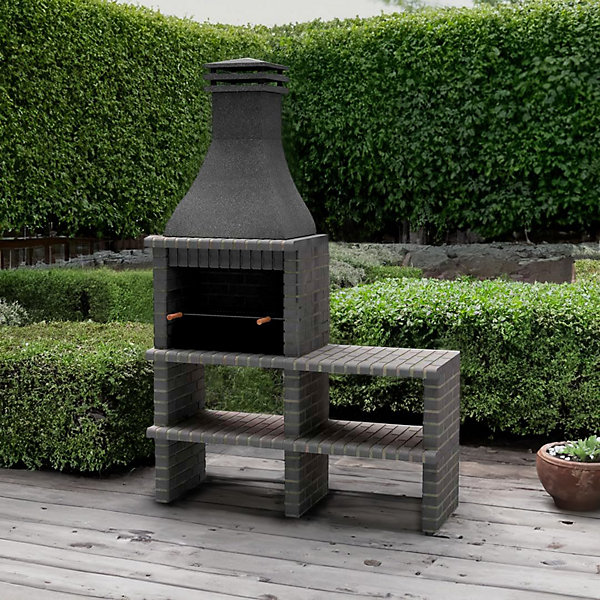 MOVELAR - Barbecue en Béton pour Bois/Charbon BBQ KHIVA PLUS avec étagère et Grille (Gris Foncé - 164x58x246 cm)M01024 - Extérieur