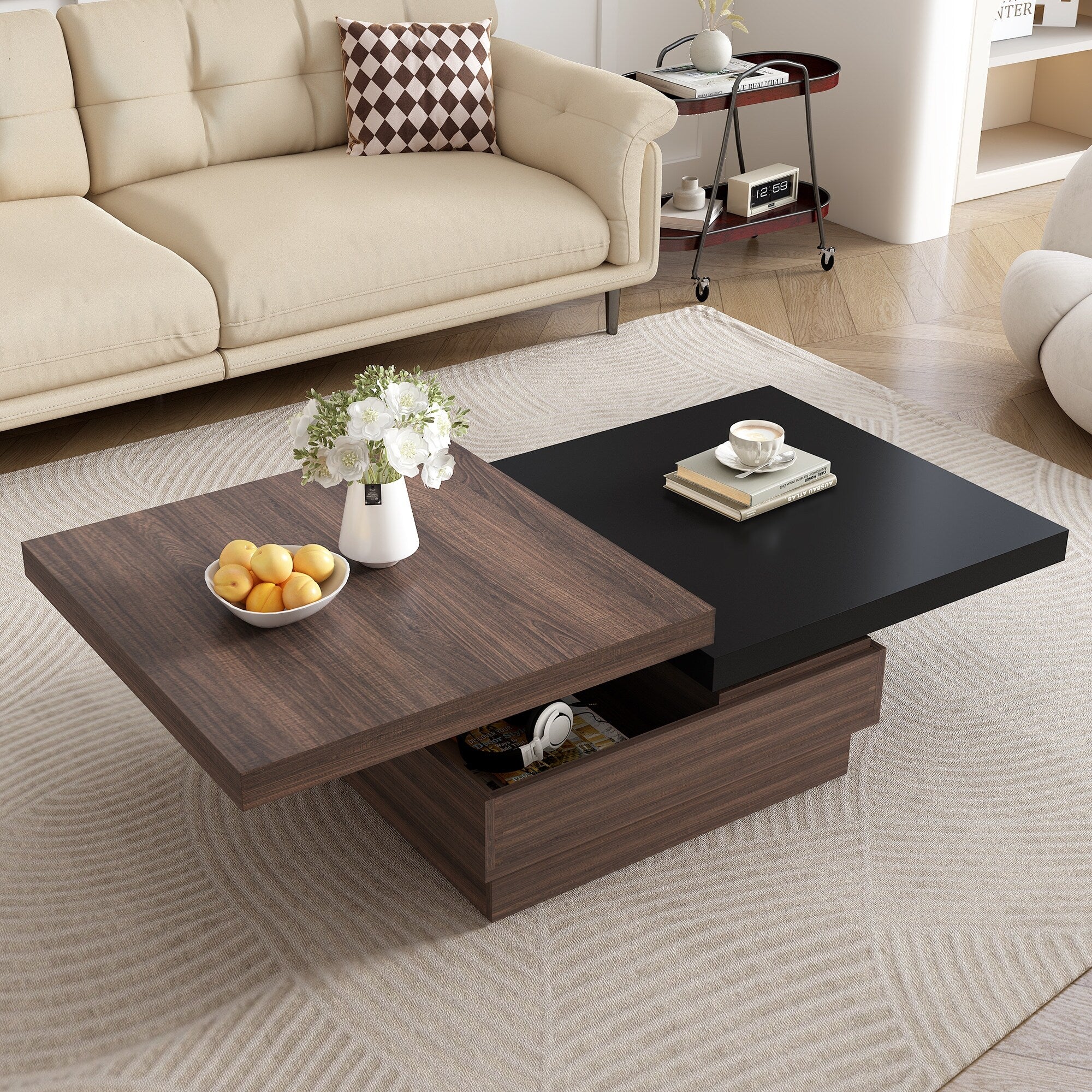 Two-Tone Coffee Table with Swivel Tabletop, Wood Square Side Table with Hidden Storage for Living Room Office