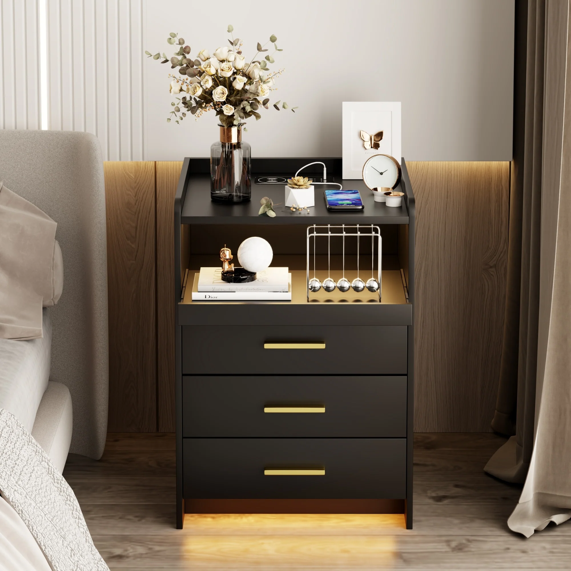 3 Drawer Nightstand With Light