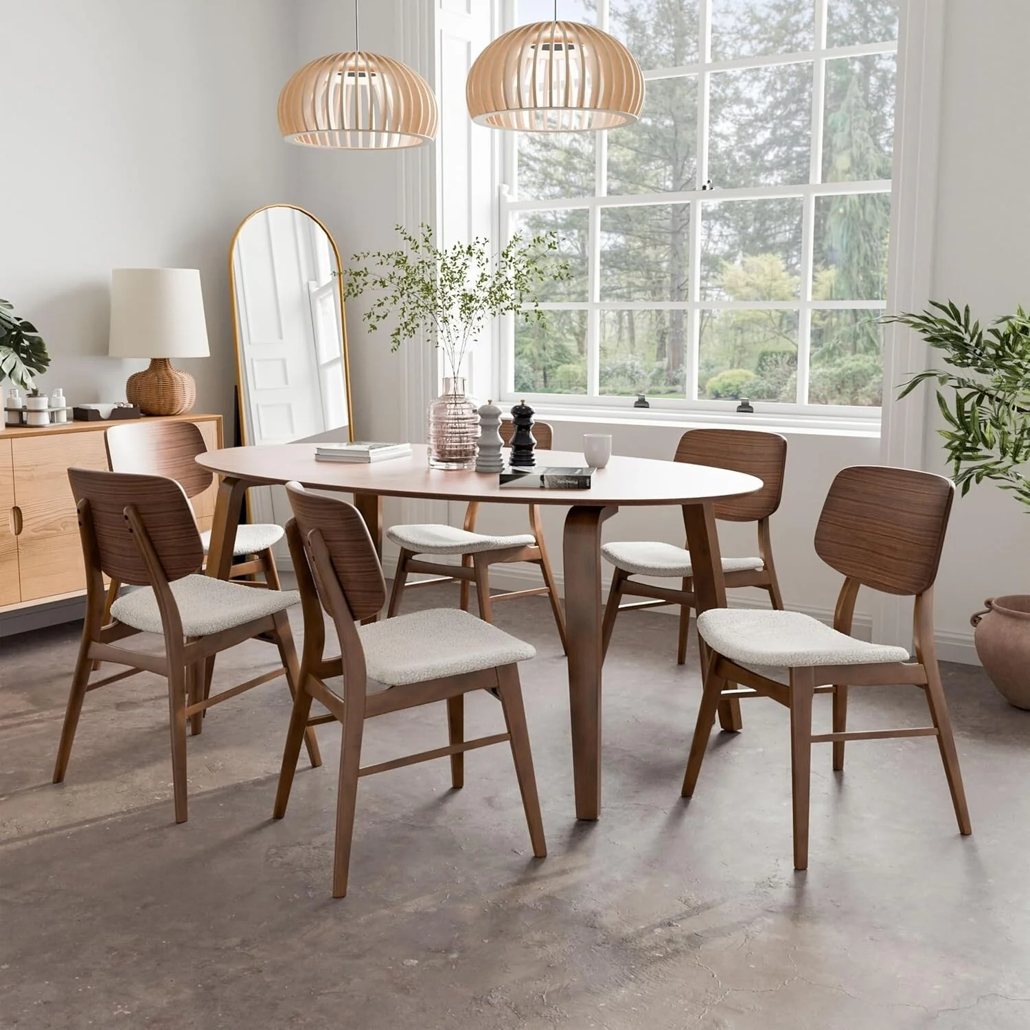 7 Piece Oval Wooden Dining Set in Walnut and Beige