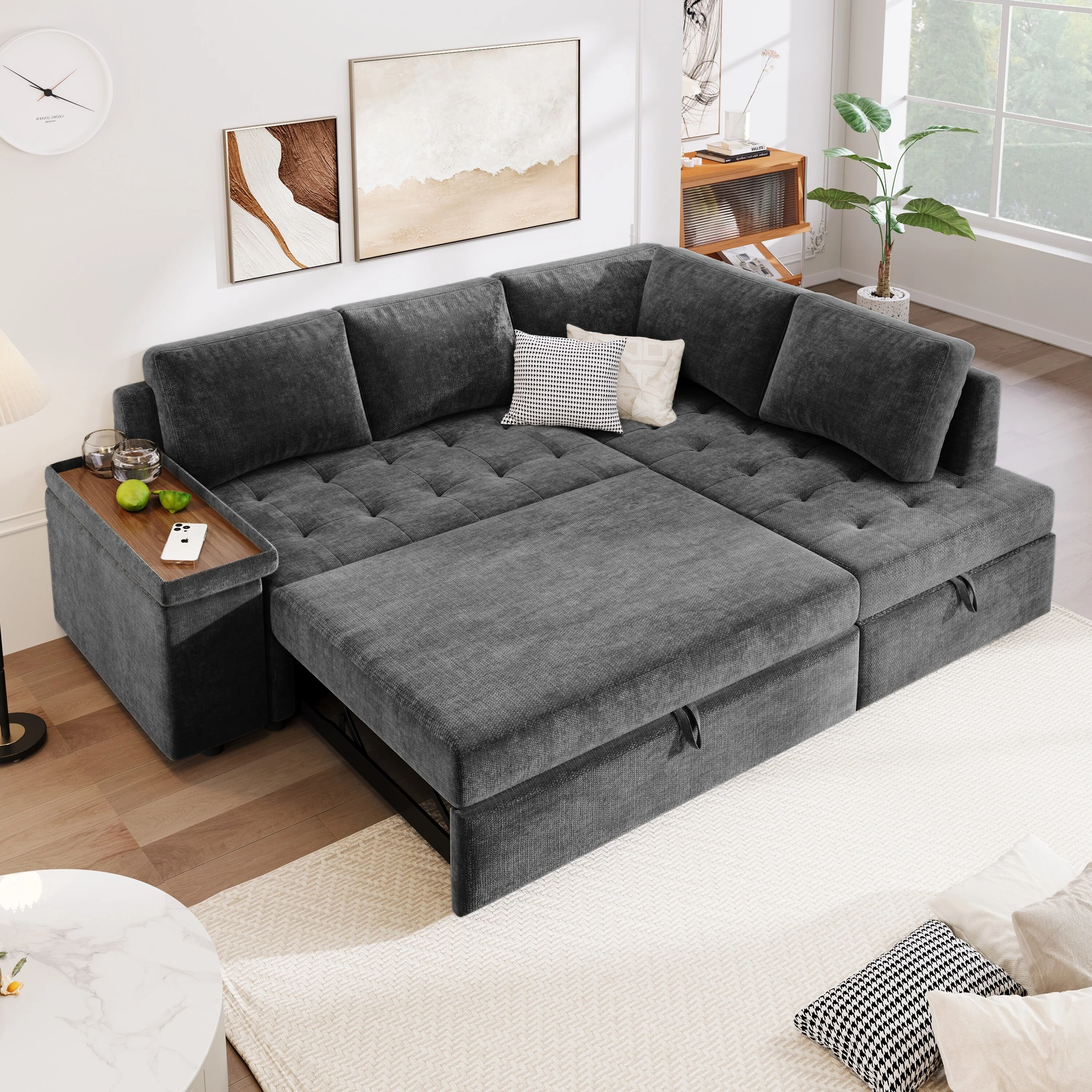 91.5 L-Shaped 4-Seat Sleeper Sofa with Pull-Out Bed and Storage