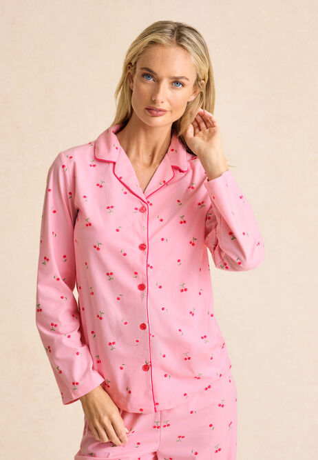 Womens Pink Cherry Print Revere Pyjama Set