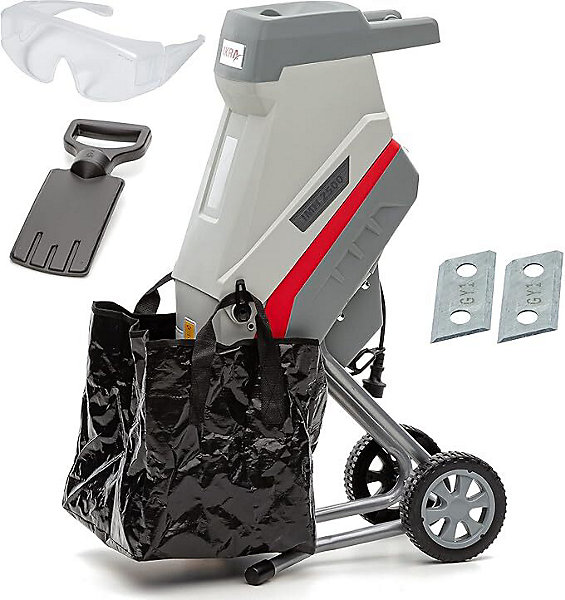 Broyeur de végétaux électrique 2500W avec sac de récupération, lunettes de sécurité et 2 lames réversibles incluses