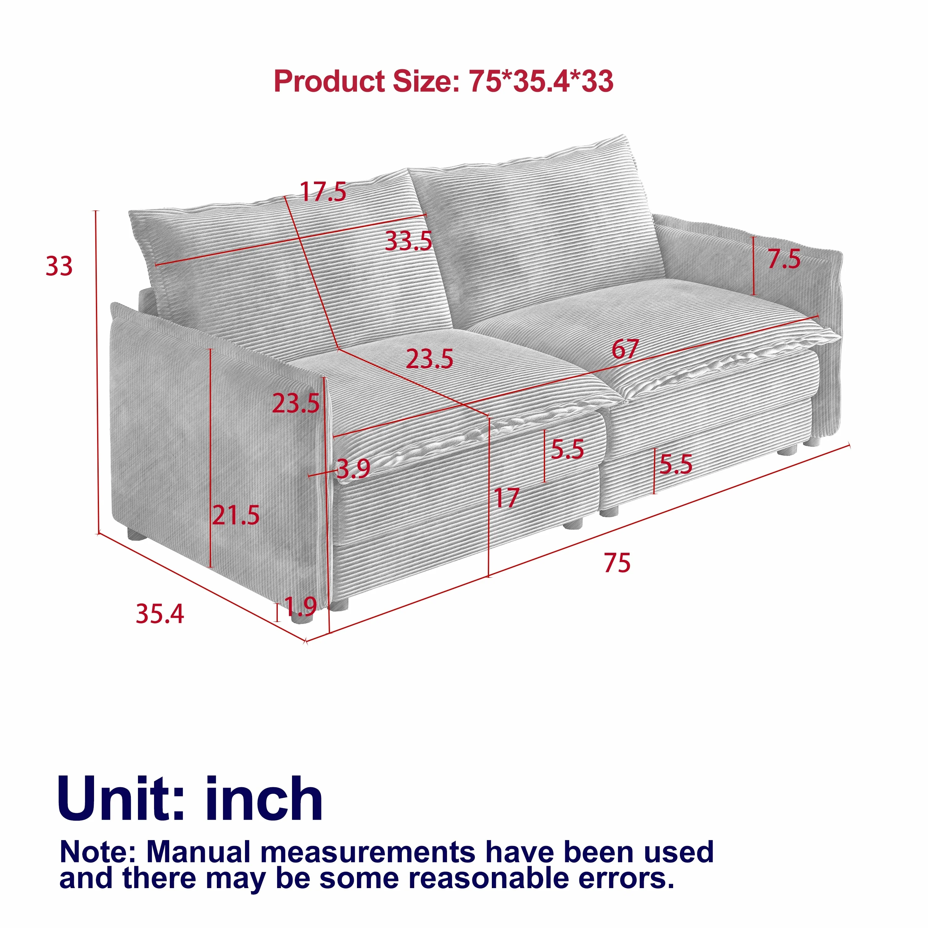 75 Corduroy Deep Seat 2-Seater Sofa with 2 Pillows