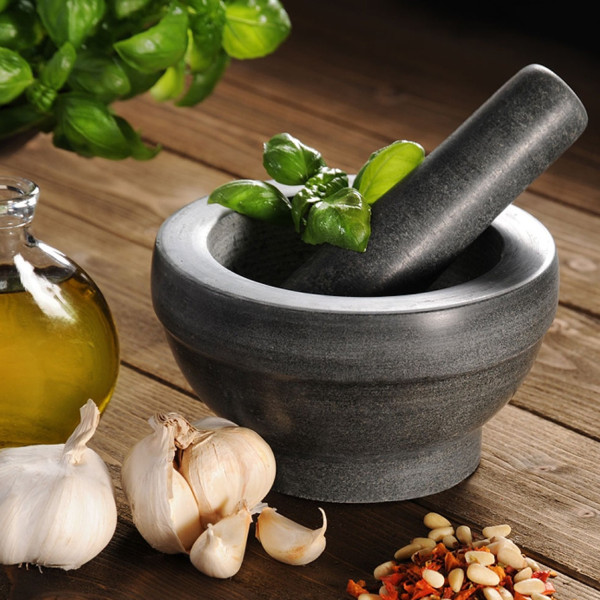 Moździerz granitowy z tłuczkiem 16x8,5 cm szary do mielenia przypraw ziół