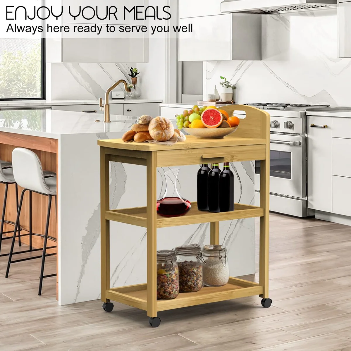 Bamboo Kitchen Storage Cart, 3 Tier Rolling Cart, Mobile Utility Cart Trolley with Drawer and Lockable Casters for Home Kitchen