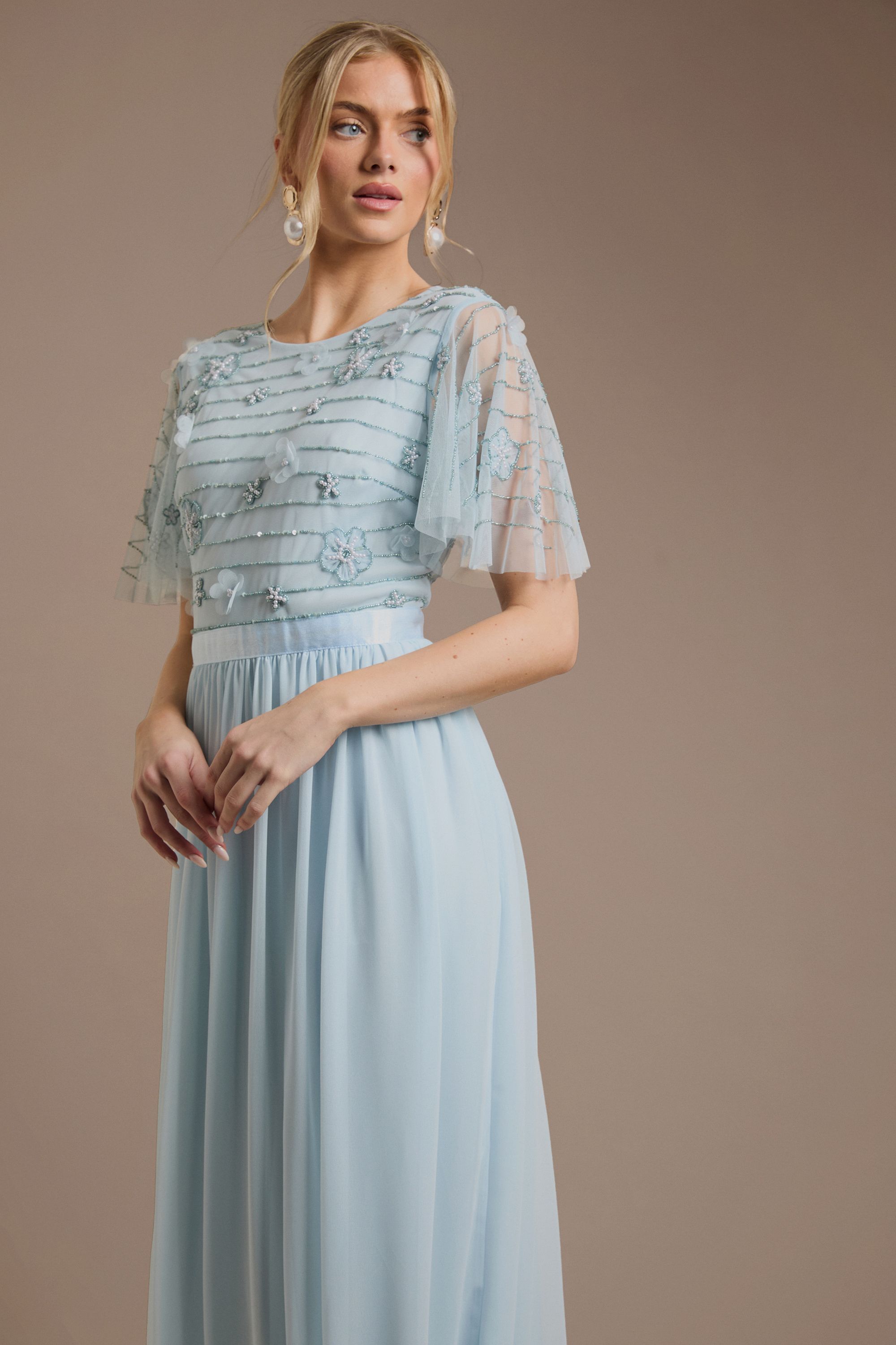 Oasis Petite Floral Embellished Mesh Angel Sleeve Maxi Dress