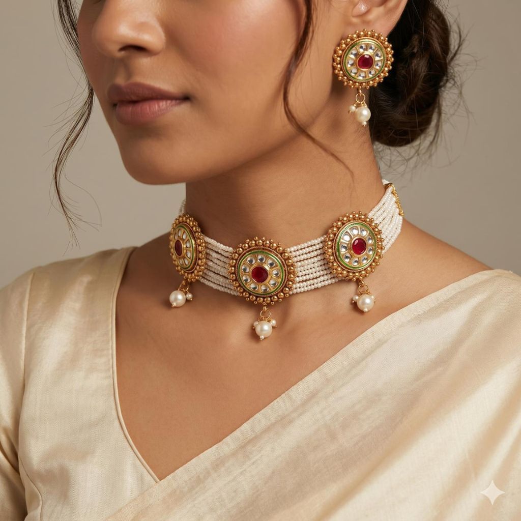 The Colourful Aura Multi-Strand Ethnic Pearl Green Stone Victorian Bridal Diana Set