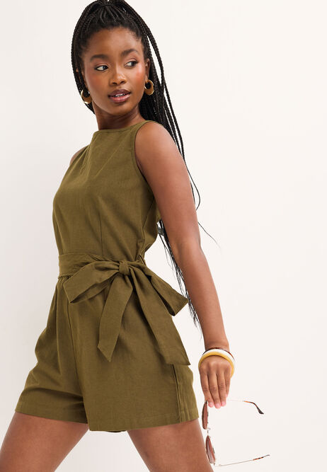 Womens Green Tie Waist Cotton Playsuit