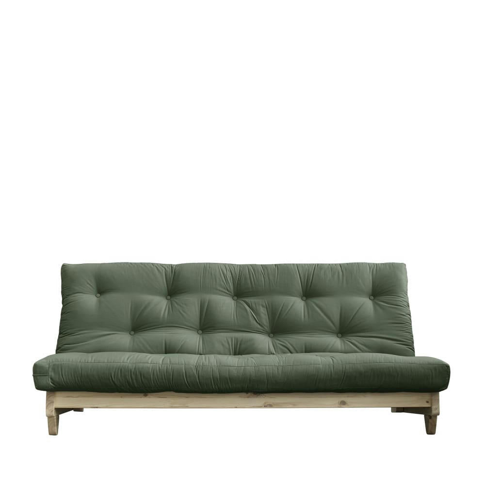FRESH - Canapé convertible en bois naturel et tissu vert olive 2 places