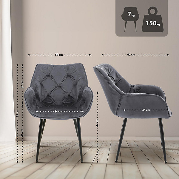 4 Chaises Velours Salle à Manger Tanna, Rétro avec Accoudoirs, Piètement Métal Noir, Boutons Décoratifs Chics Grisfoncé