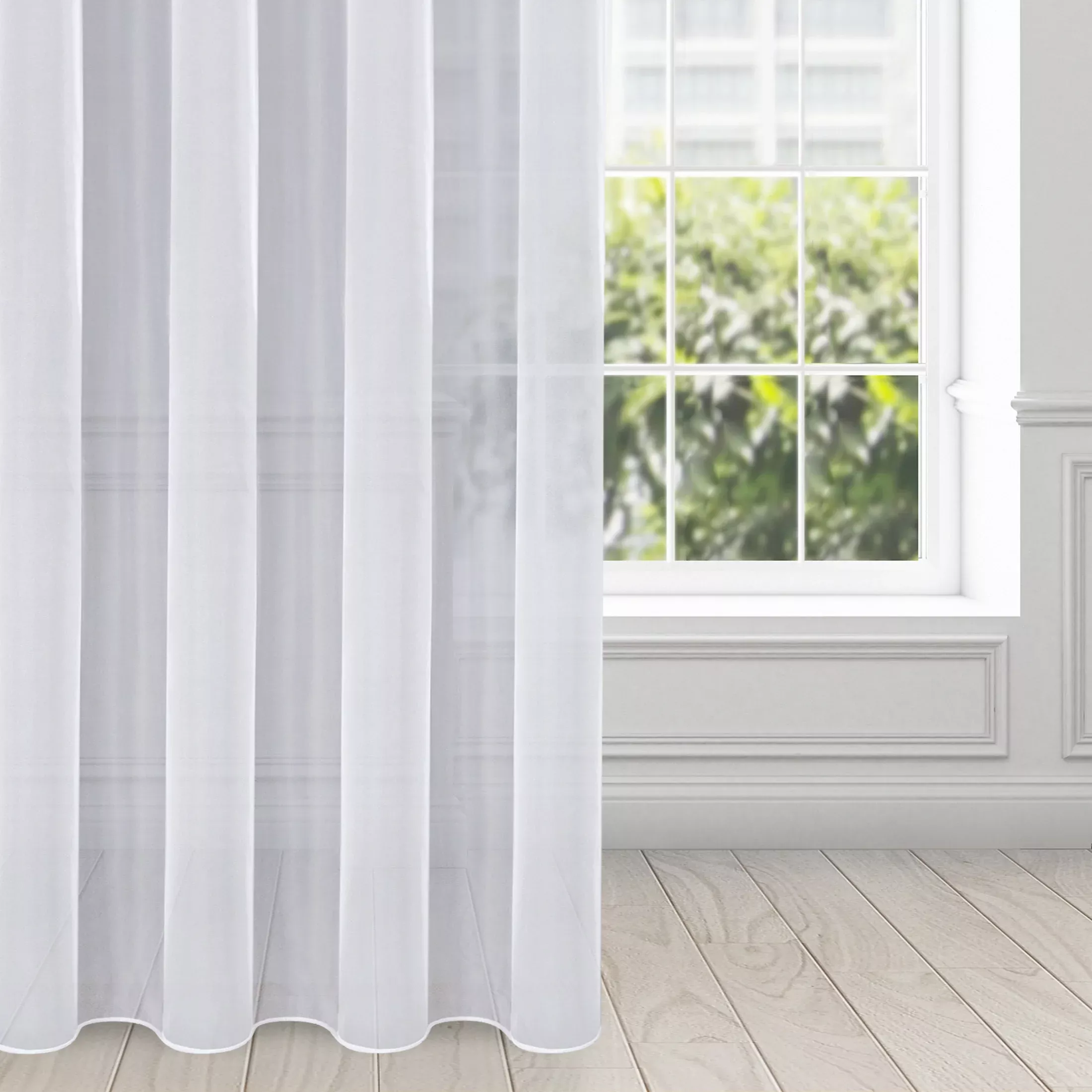 Firana biała z gładkiego mlecznego woalu wykończona szwem obciążającym VIOLET 200x280 cm fala 1:2