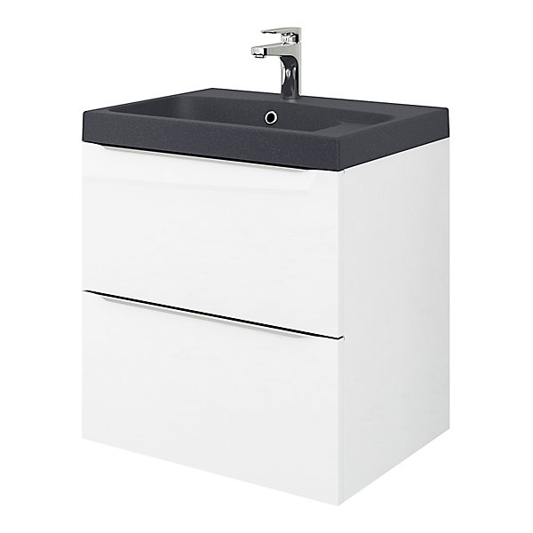 Meuble vasque suspendu blanc brillant l.60 cm Imandra   plan vasque noir résine Mila, GoodHome