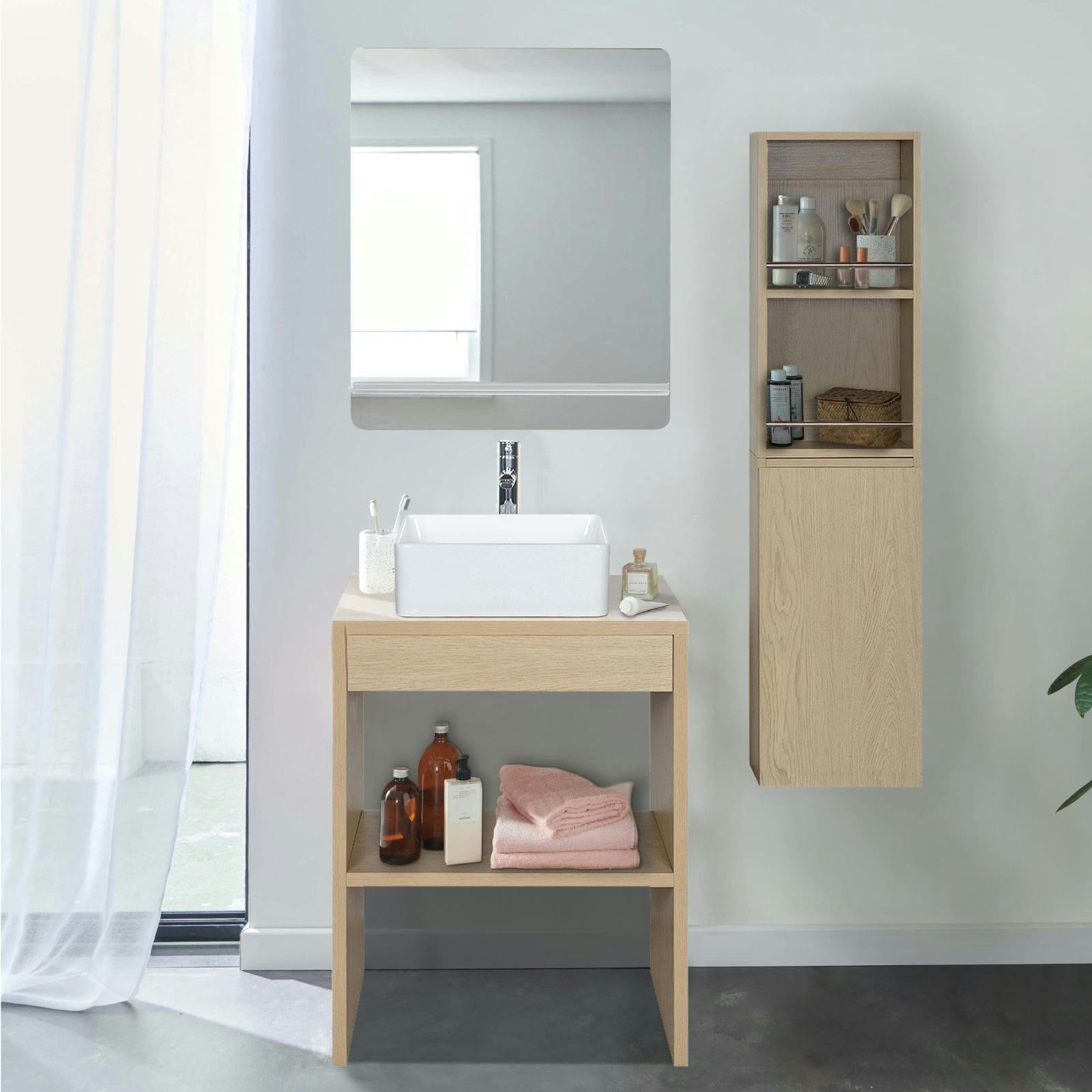 VOLLO - Meuble de salle de bain 60 cm  avec colonne, miroir et vasque