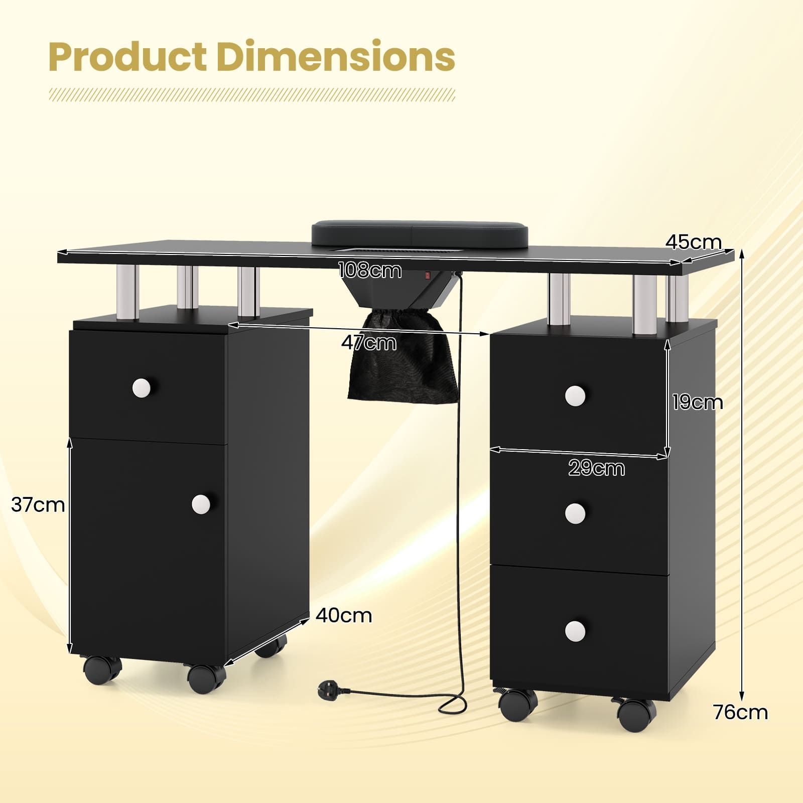 Gymax Rolling Manicure Table Nail Table Station with 8 Lockable Wheels