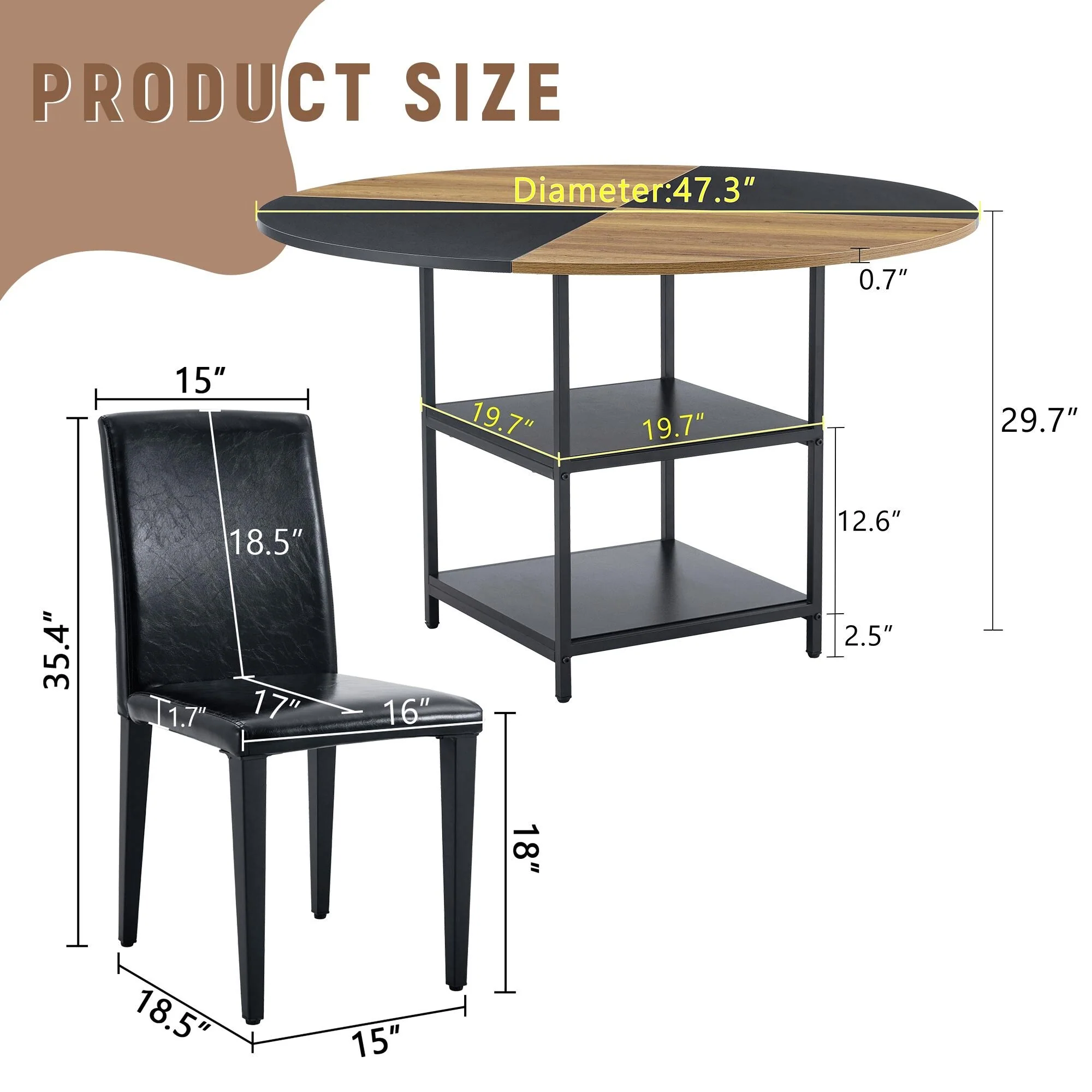 Table and chair set, diameter modern spliced color circular dining table - double-layer storage,Paired With 4 PU dining chairs