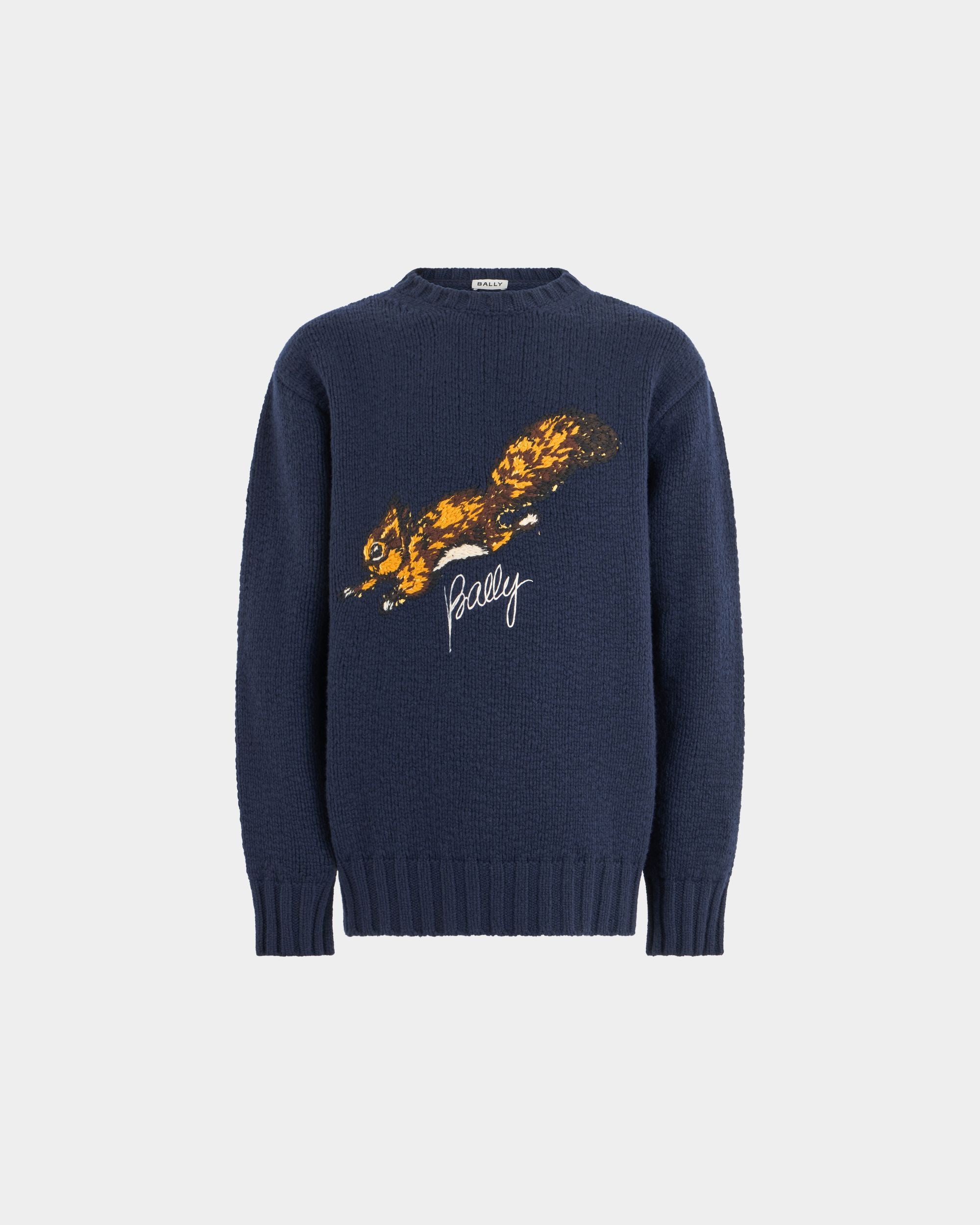 Weihnachtspullover mit Rundhalsausschnitt aus marineblauer Wolle mit Bally-Logo und Eichhörnchen