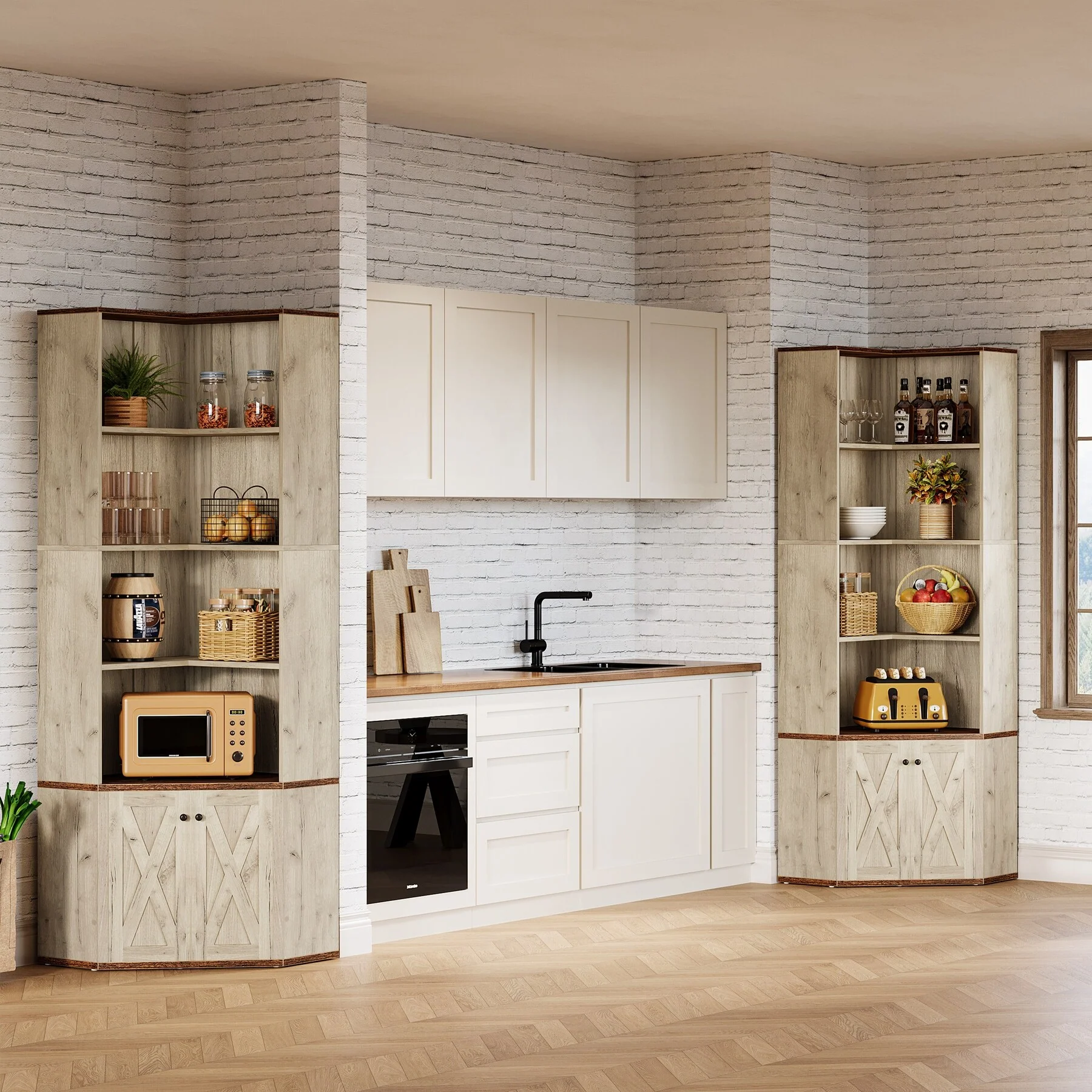 Farmhouse 4-Tier Corner Storage Cabinet Bookshelf with Open Shelves