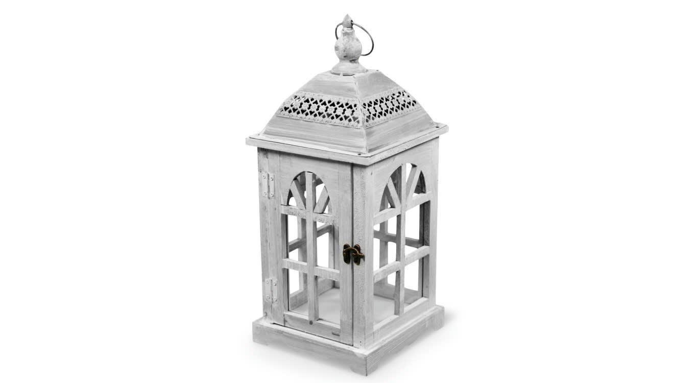 - Lanterne Bois Cerusé Blanc 20x20x46cm
